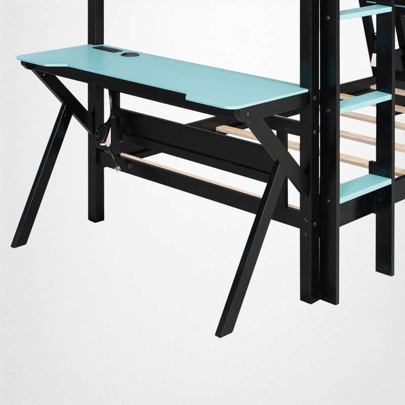 Kid's Bunk Bed, Dual Gaming Desks with USB Ports, Wood, Pegboard Organizer Panels, Modern, Teen Bedroom, Blue, Twin