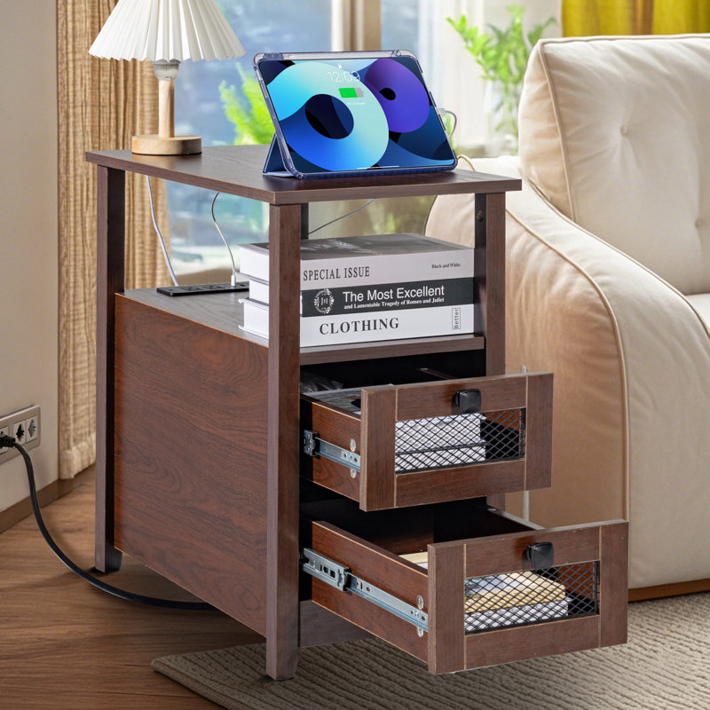 Stellweilan Farmhouse End Table, with USB Ports and Outlets, Coffee Table with Storage Cabinet and 2 Drawers