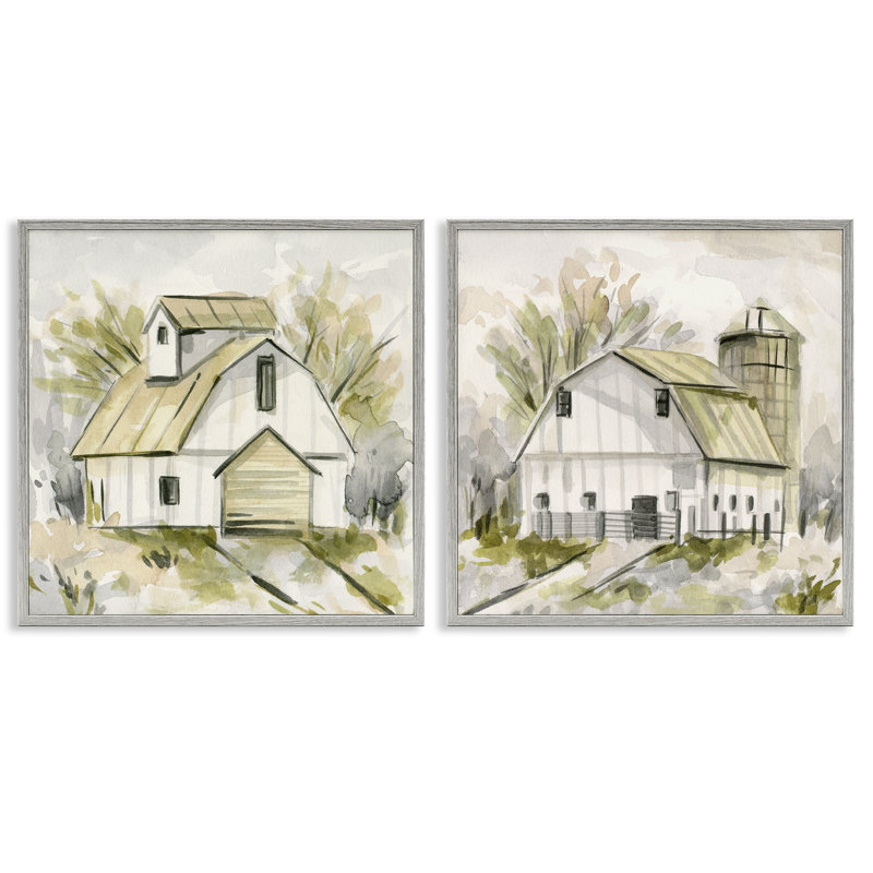 Croquis, dessin, grange, silo, ensemble de 2 giclées par Melissa Wang, Estampe numérique Farmhouse, H 17 po x l 17 po