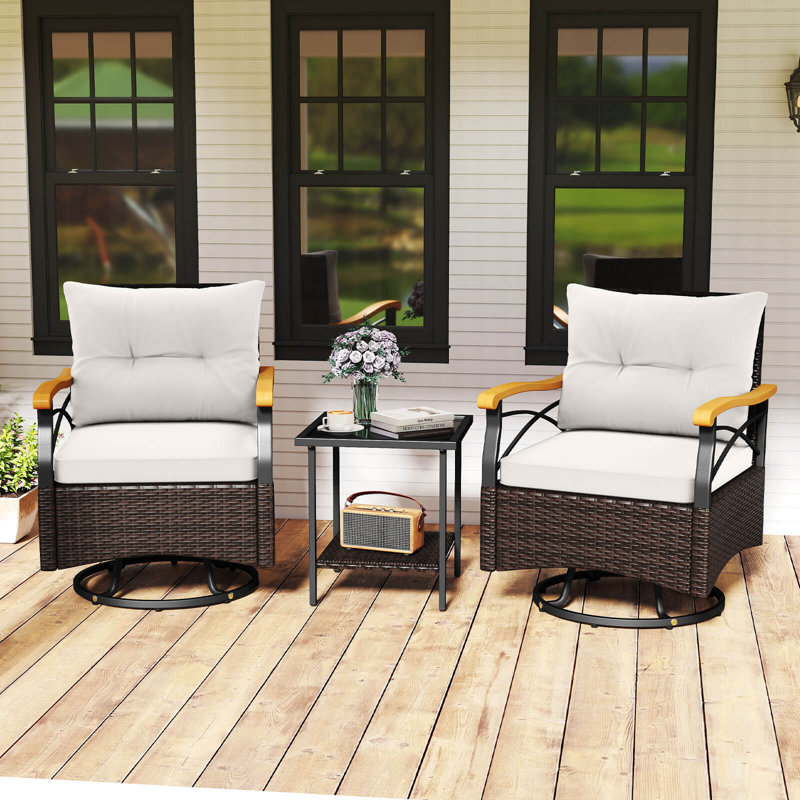 Ensemble de 3 chaises pivotantes pour l'extérieur avec coussins de table d'appoint en verre trempé à 2 niveaux, Brun