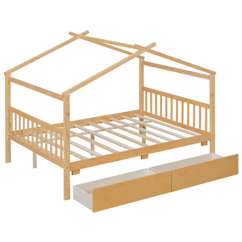 Lit double en bois pleine grandeur avec tiroirs, conception imaginative, pieds robustes, lit naturel confortable, deux tiroirs pour l'organisation et stable