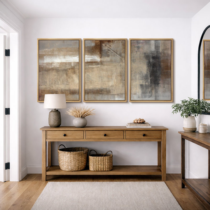 Grunge Abstract Paint Stroke Effect "Neutral Tan Brown Artwork, Rustic Living Room Wall Pictures, Large Framed Canvas Giclee Print 3 Pieces Wall Art Set" 16"x24"x3 pcs, 24"x36"x3 pcs
