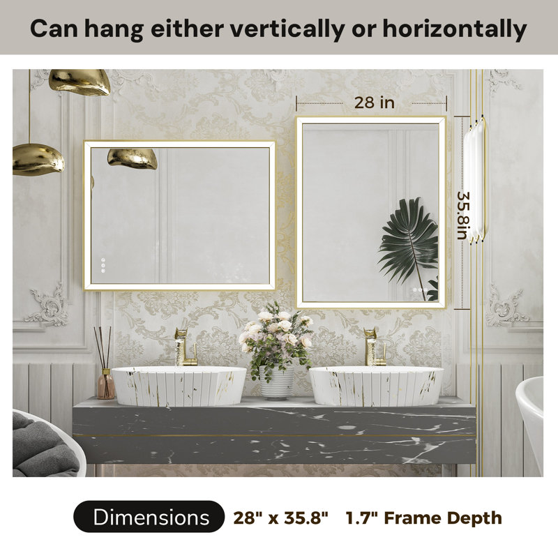 Miroir de salle de bain avant à DEL antibuée avec cadre en métal biseauté, 36 po x 28 po, Or brossé, Rectangulaire