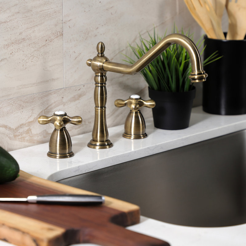 Kingston Brass Heritage Double-Handle Widespread Kitchen Faucet, Vintage Brass, Without Side Spray