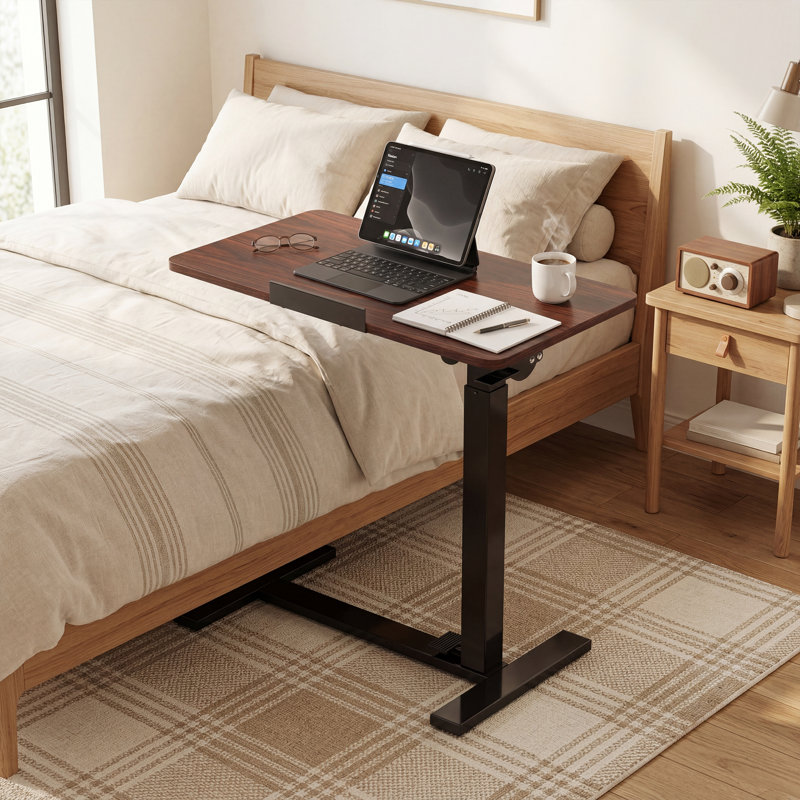 Height Adjustable C-shaped Flipping Portable Sofa Side Table, Brown