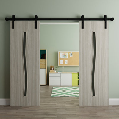 Porte de grange double moderne - ESSENTIEL 8002 - Ensemble de rail de 13 pi - Portes intérieures à panneau plein