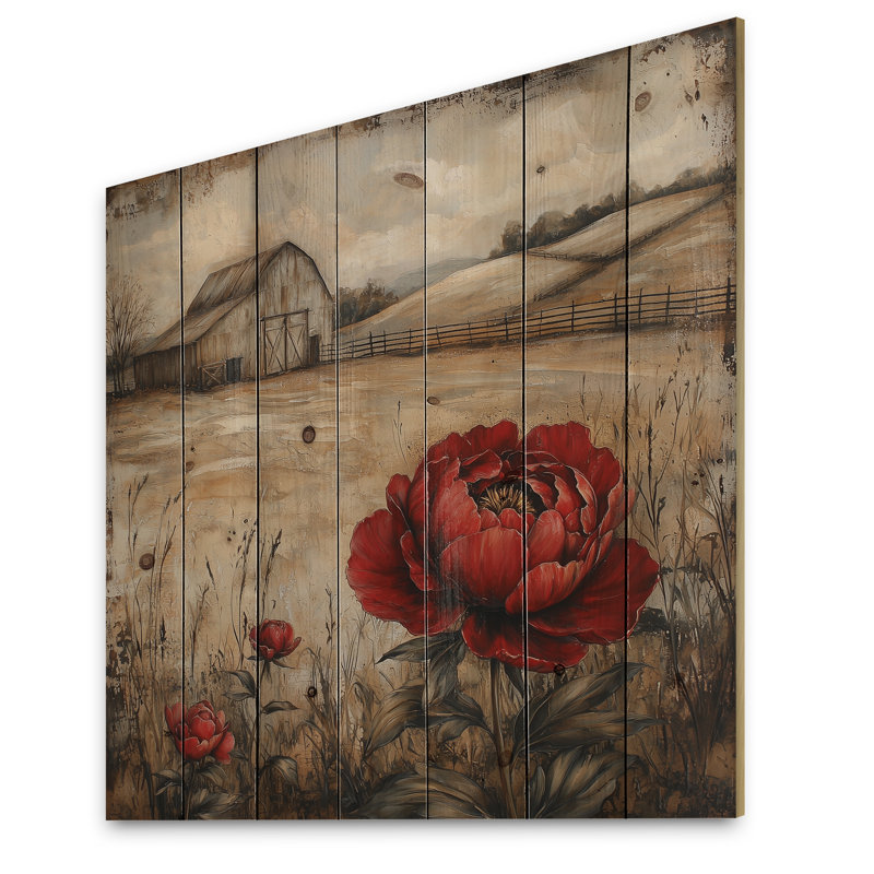 Pivoines rouges rétro par la grange III - décoration murale en bois de pivoines - sur bois de pin naturel