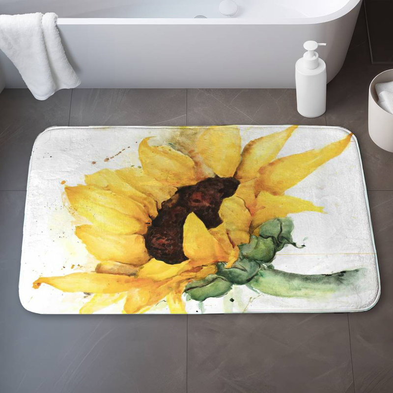 Watercolor sunflower with paint splash Bath Mat with Non-Slip Backing - Quick Dry Memory Foam Bathroom Rug - Absorbent - Modern Plush Spa-Style - Machine Washable