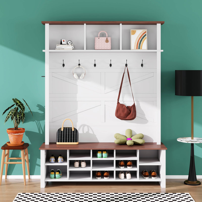 Arbre d'entrée 4 en 1 avec 6 crochets, banc d'entrée en noyer avec tablettes réglables, range-chaussures en bois avec 16 compartiments ouverts
