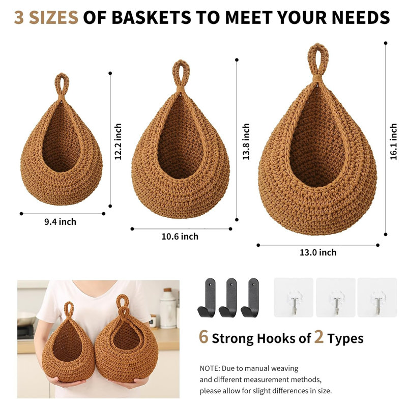 Paquet de 3 paniers à fruits suspendus Boho pour la cuisine, porte-produits tissés avec 6 crochets robustes, Caramel