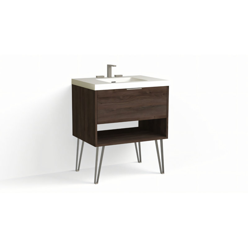 Modo 30" W Freestanding Single Bathroom Vanity with Dawson Leg, Matte White/8" Widespread, White Acrylic, Satin Nickel