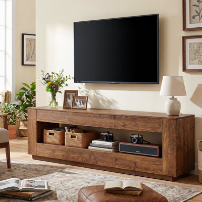 Meuble télé rectangulaire en bois massif de 180 cm (70,86 pouces) pour téléviseurs jusqu'à 75 pouces, avec tablette de rangement ouverte, idéal pour le salon.