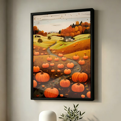 Champ de citrouilles d'Halloween sur des collines vallonnées en automne, tableau encadré sur toile, cadre noir, 40 x 60 cm