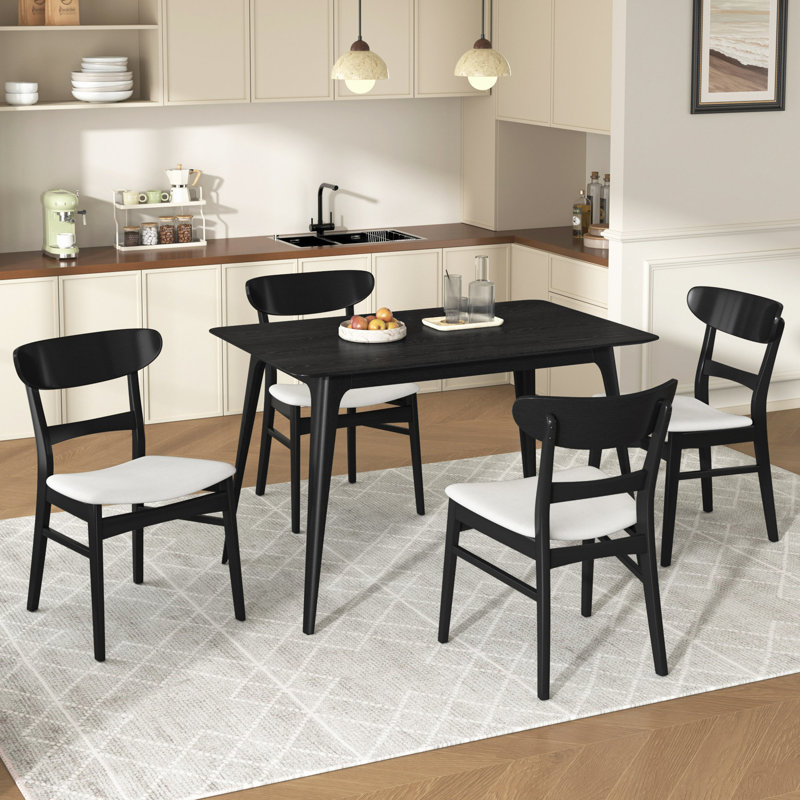 Ensemble de salle à manger 5 pièces, structure en bois d'hévéa, une table et 4 chaises rembourrées, Noir / Beige