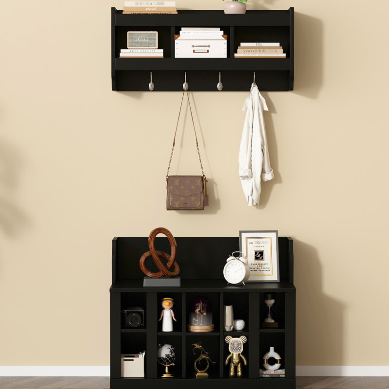 Banc de rangement pour chaussures avec tablettes et 4 crochets, portemanteau élégant avec portemanteau mural, rangement pour vestibule, vestibule, vestibule