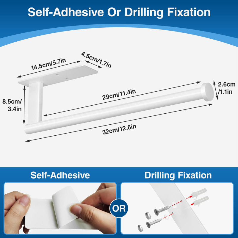 Stainless Steel Paper Towel Holder Under Cabinet, Self-Adhesive or Drilling, White