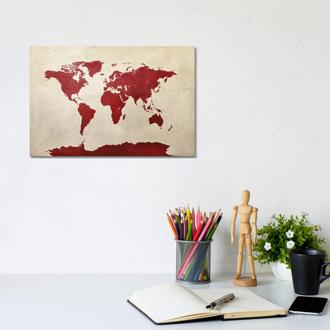 World Map Red by Michael Tompsett - Wrapped Canvas Art Prints