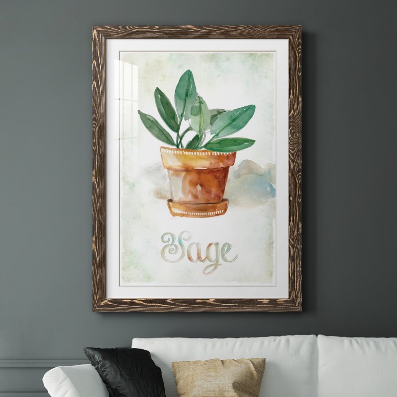 Sauge en pot - peinture, H 20 po x l 17 po x P 1,5 po, Papier, cadre noyer