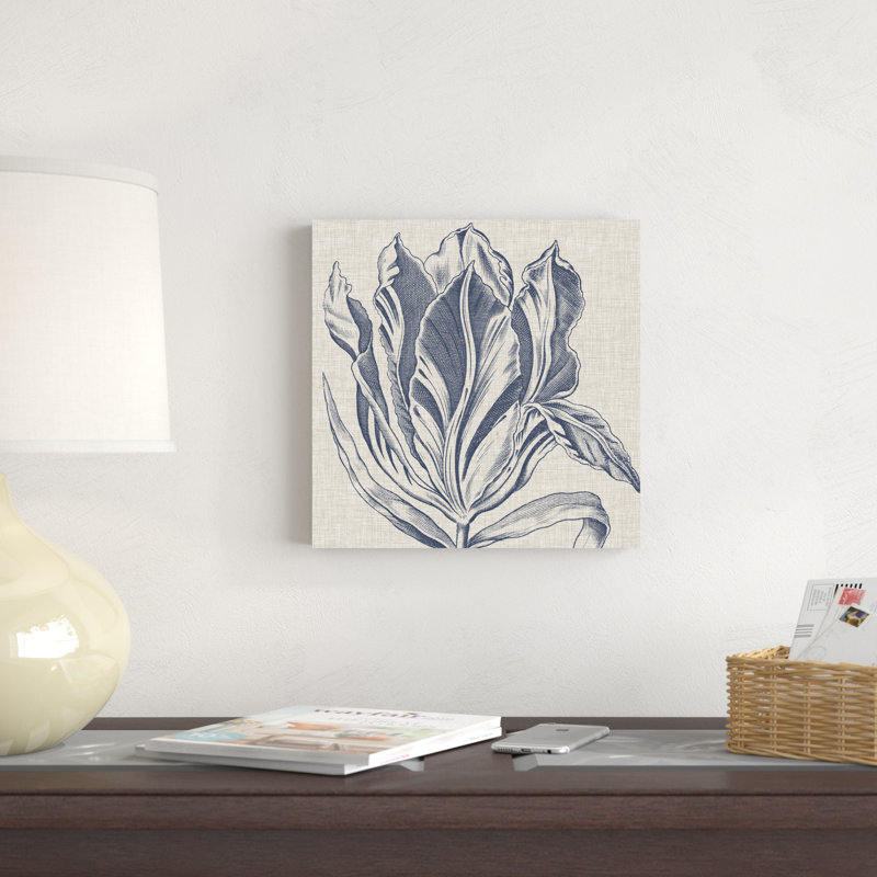 Indigo floral sur lin I, H 12 po x l 12 po x P 1,25 po