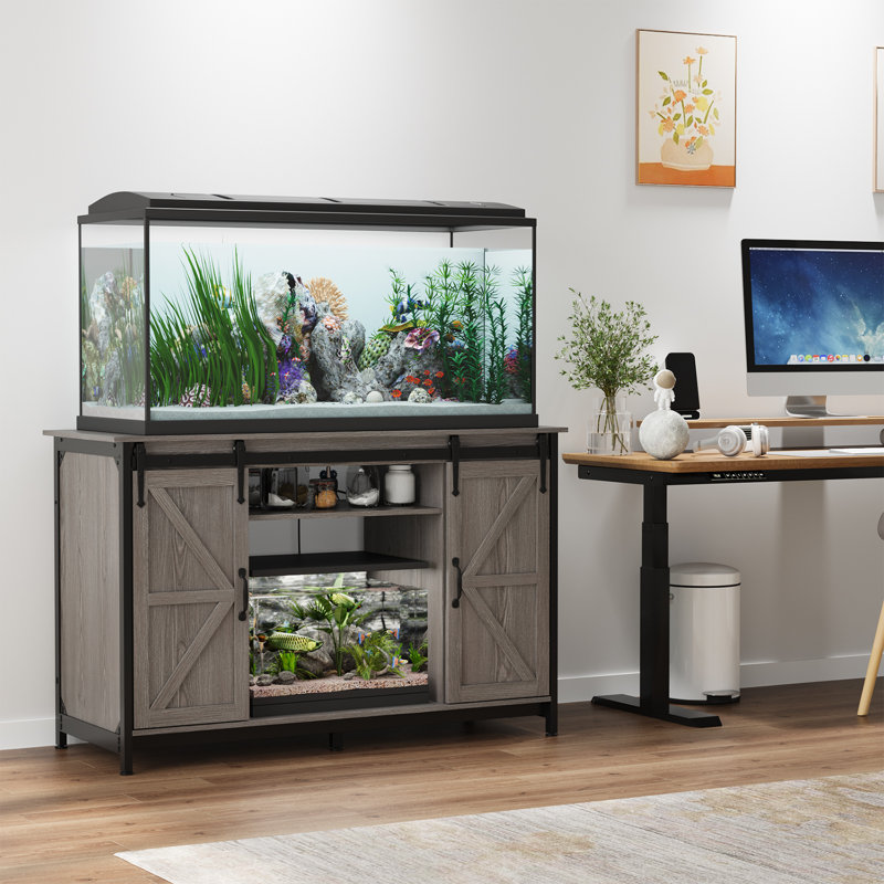 Farmhouse 55-75 Gallon Fish Tank Stand with Power Outlet, Aquarium Stand with Storage Cabinet and Sliding Barn Door, Heavy Duty Reptile Tank Stand, for 2 Tanks, 1000LBS Capacity