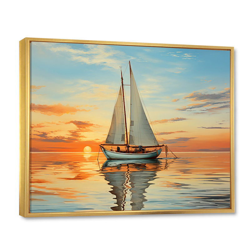 Voilier, réflexion rythmique I sur toile, Cadre flottant doré, H 24 po x l 32 po x P 1 po