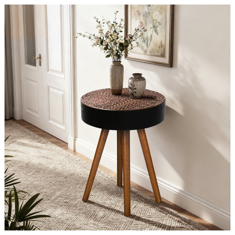 Table basse ronde noire, table d'appoint sculptée de 15,7 pouces avec pieds Mid-Century modernes