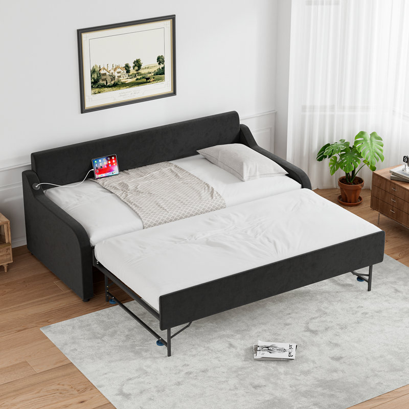 Lit de jour simple avec couchette et port USB Upholstery, Velours noir