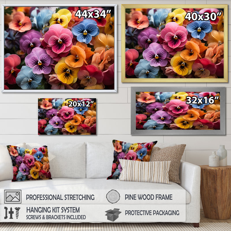 Colourful Pansies Field Vibrant - Floral Wall Art Prints, H 16 po x l 32 po x P 1 po, Cadre doré simple