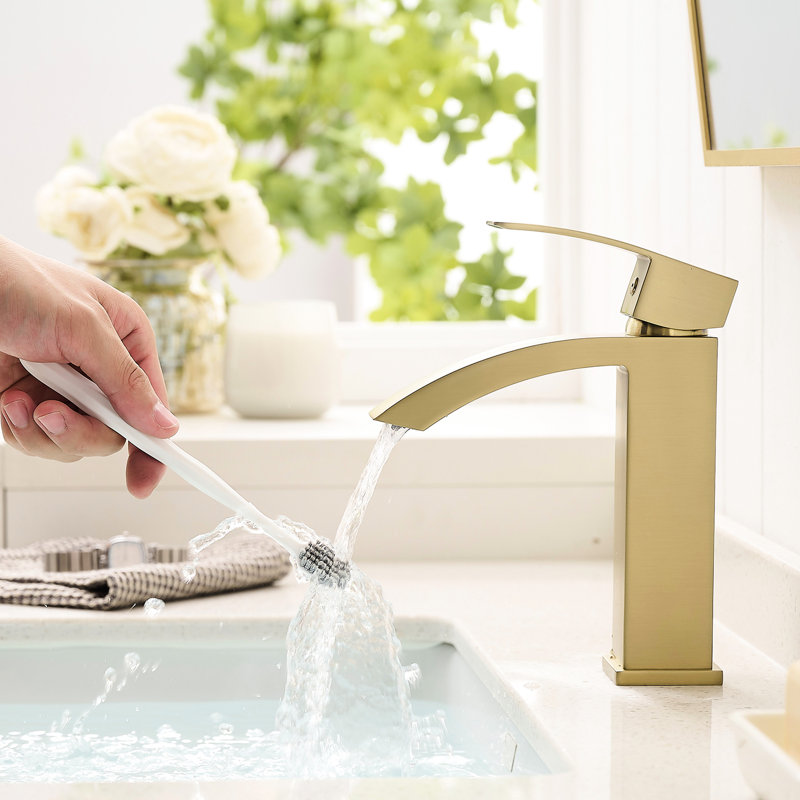 Brushed Gold Bathroom Faucet - Ceramic Filler, Geometric Basin Tap Modern Deck-Mounted, 1 Hole, Brushed Gold