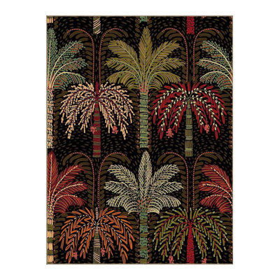Dark Toned Multicolor Palm Tree Patterned Woven Base Modern Decorative Washable Rug