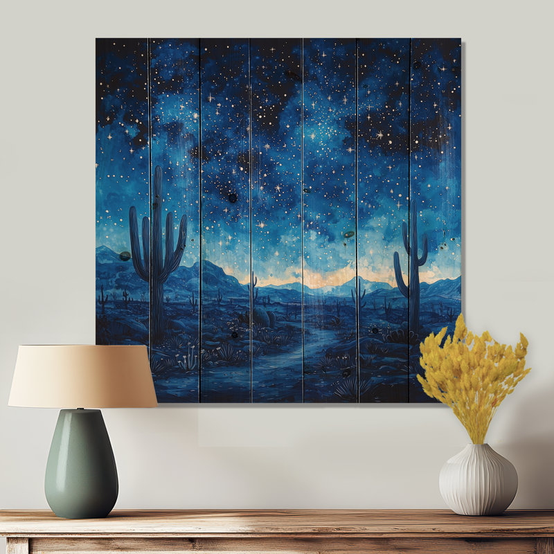 Cactus sous le désert, étoiles bleues I - Décoration murale en bois de cactus floral - sur bois de pin naturel