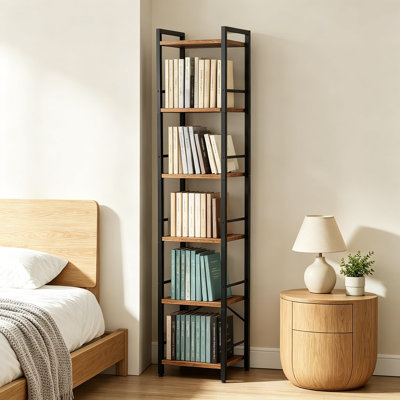Bibliothèque haute pour petits espaces, tablette à 6 niveaux avec traverses latérales, structure métallique robuste et étagères en bois, solution de rangement idéale pour le salon, la chambre ou le bureau.