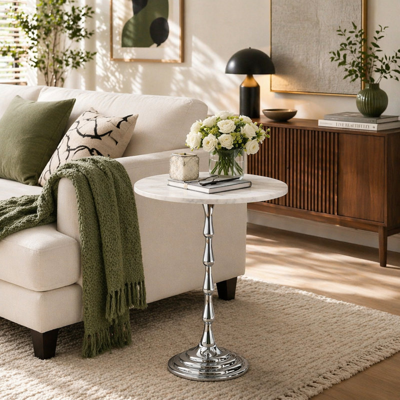 Table d'appoint argentée avec plateau en marbre blanc, table de bout décorative moderne, base en aluminium, table d'appoint pour salon 10 x 10 x 26 po