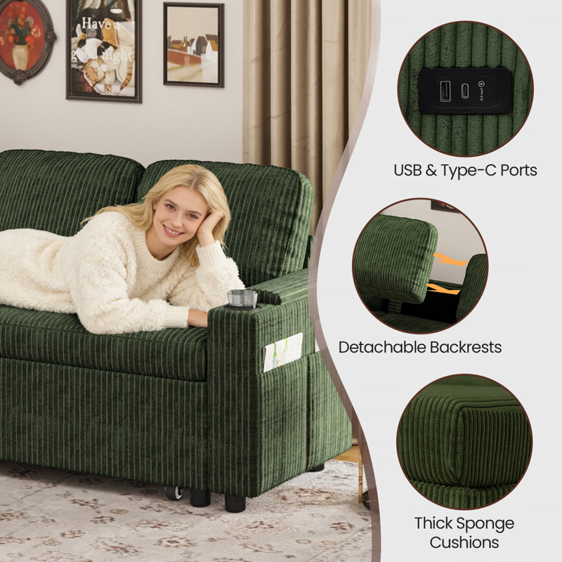 3 Seater Fabric Sofa & Chaise, Green Corduroy--