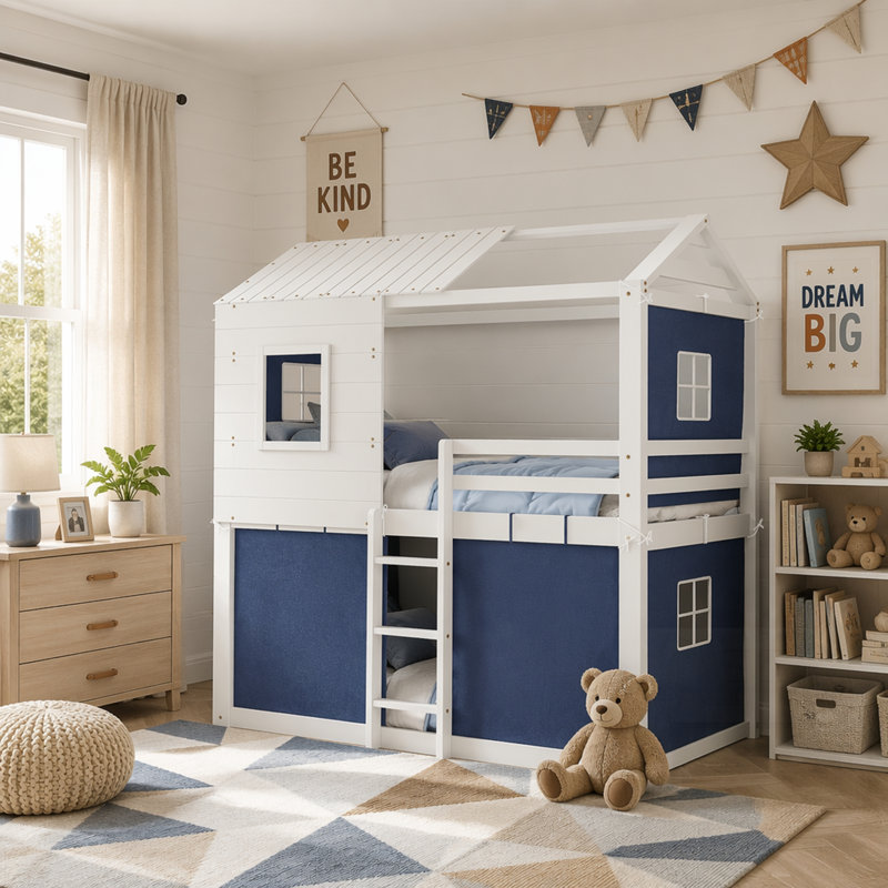 Lit superposé en bois avec tente, conception de maison de jeu amusante et adorable pour les chambres d'enfants