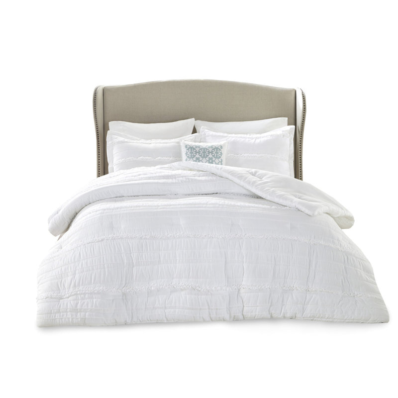 Édredon 5 pièces en microfibre à volants pour grand lit - style blanc, comprend un édredon, 2 taies décoratives, un coussin décoratif, une jupe de lit, lavable à la machine avec détails, rembourrage,