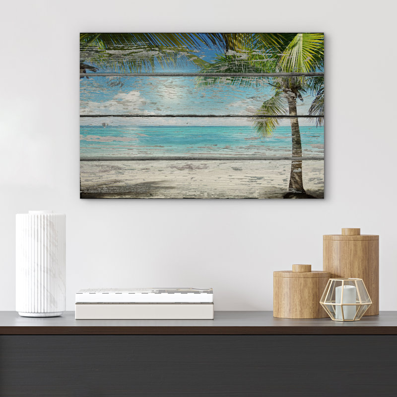 IDÉE 4 WALL - Reproduction d'art sur toile - Plage tropicale avec palmier sur fond en bois rétro - 12 po x 18 po
