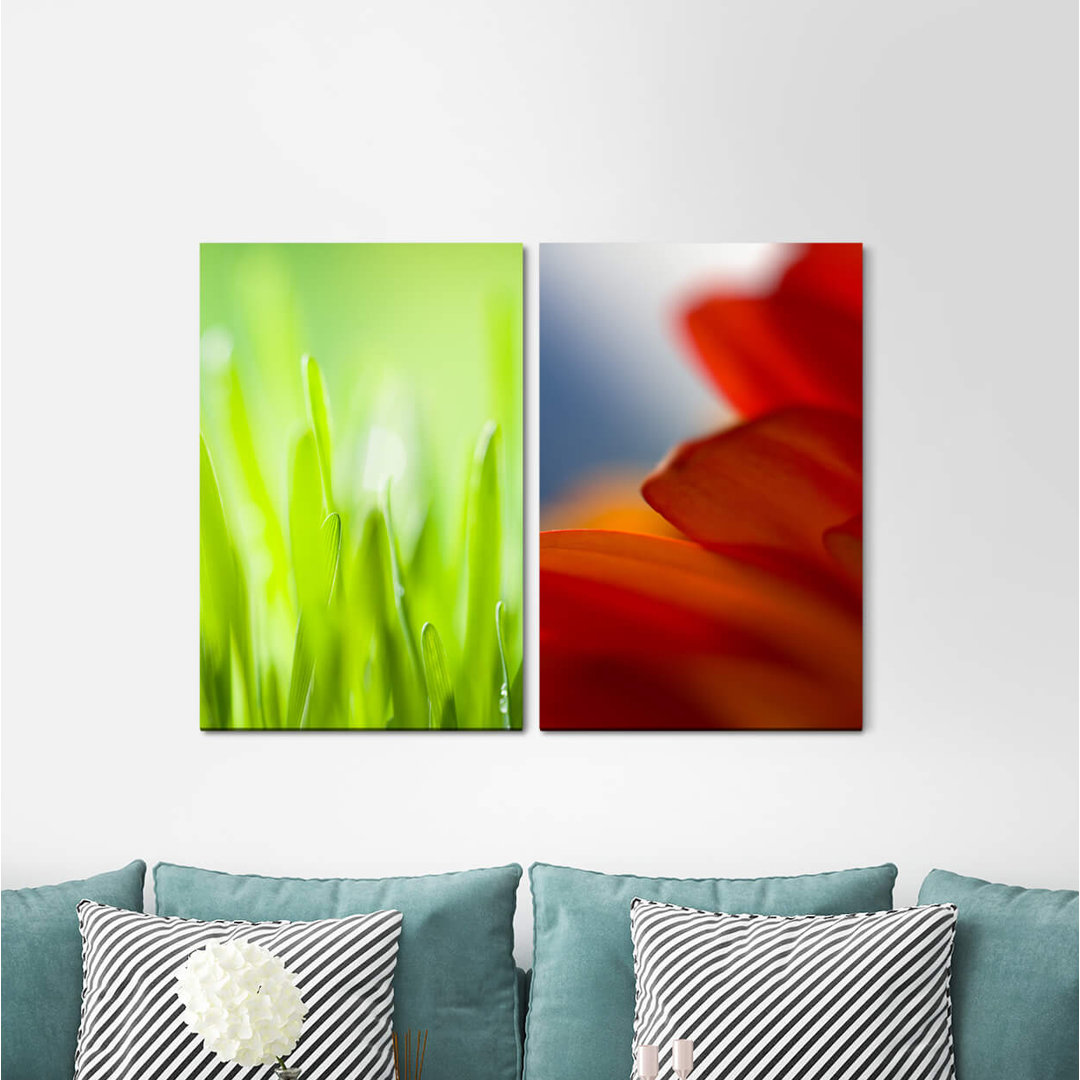 2-tlg. Leinwandbilder-Set - Fotografie „Meadow Grass Green Red Flowers Freshness Summer”