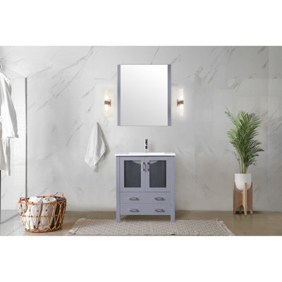 30 po W, meuble-lavabo gris foncé pour salle de bain, profondeur 18,25 po, surface en céramique blanche, miroir 28 po, armoire à fermeture douce, meuble-lavabo à deux tiroirs avec largeur de rangement, comptoir de lavabo, dispositif de fermeture encadré,