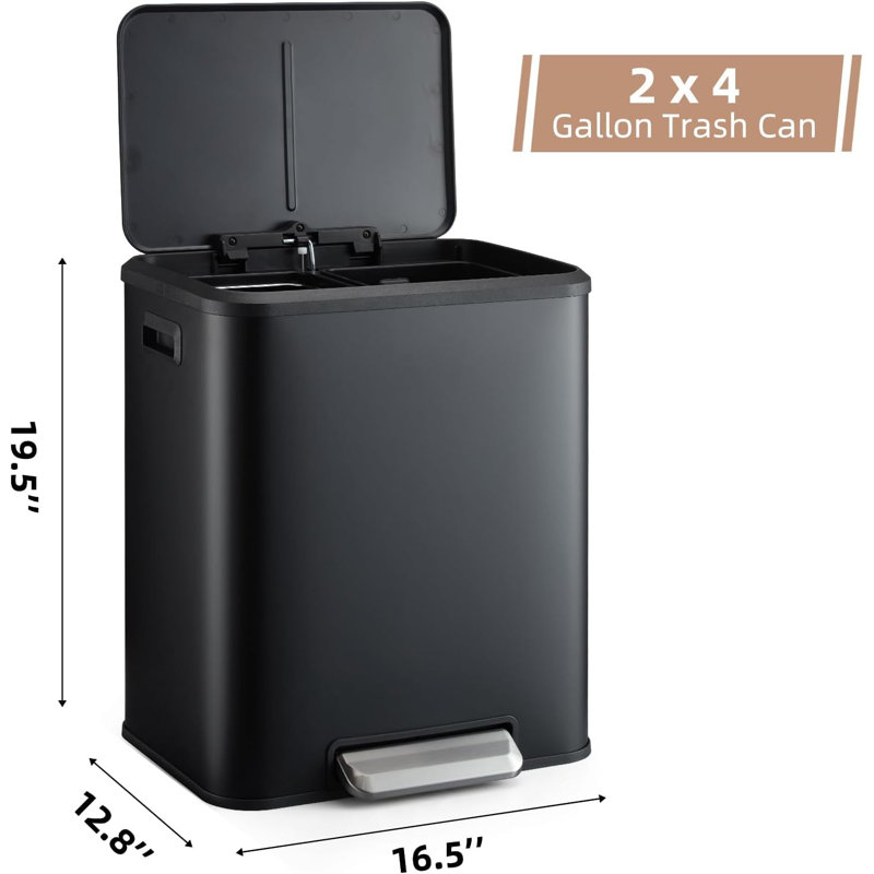 Poubelle, poubelle double en acier inoxydable 2 x 4 gallons (2 x 15 L) avec couvercle à fermeture en douceur et seaux intérieurs amovibles, poubelle à pédale pour cuisine