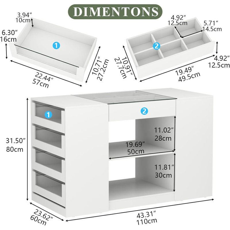 Commode 10 tiroirs avec plateau en verre