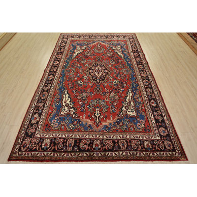 Tapis traditionnel rouge en laine noué à la main 6 pi 10 po x 10 pi 2 po Hamedan