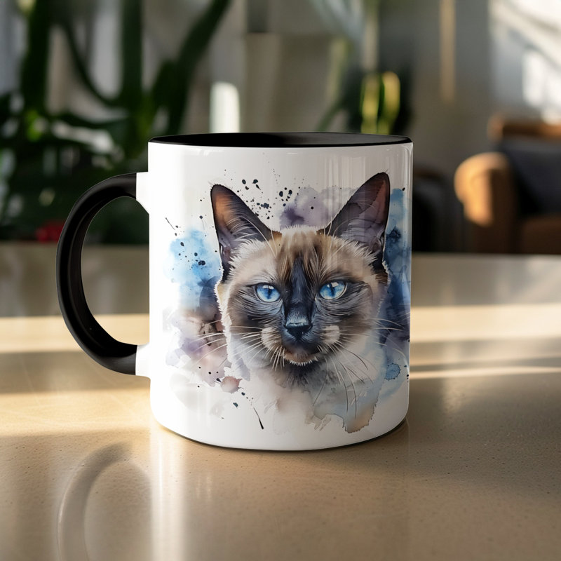 Cat Design 11oz Accent Mug – White Ceramic Coffee Cup with Colored Handle and Interior, 2, Black