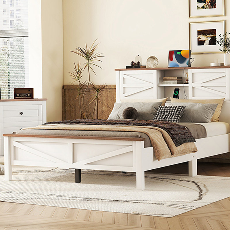 Ensemble de chambre à coucher 3 pièces avec lit plateforme grande ferme avec tête de lit double à porte coulissante, Blanc