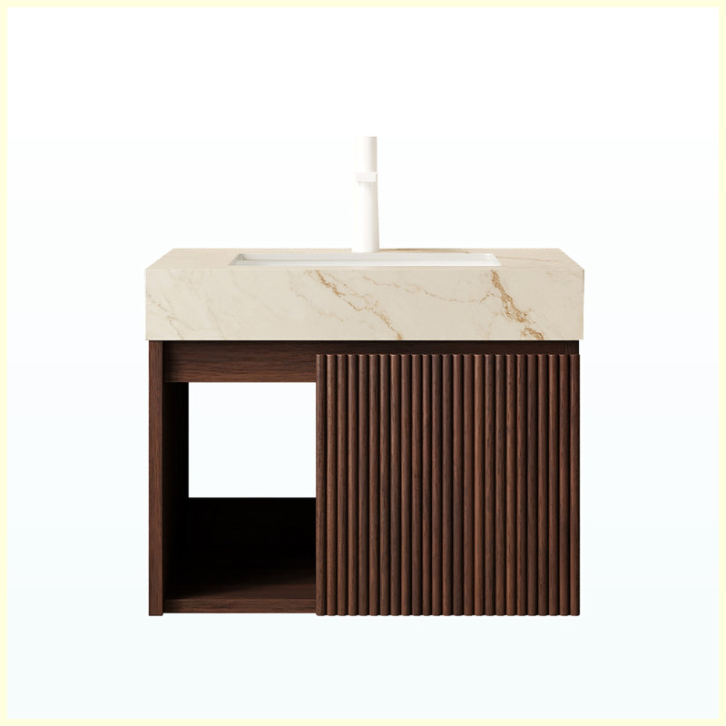 Meuble-lavabo suspendu de 61 cm (24 po) en noyer avec lavabo | Comptoir en pierre frittée couleur crème veinée or et lavabo en céramique | 1 trou pré-percé pour robinetterie | Livré démonté, sans robinetterie ni bonde