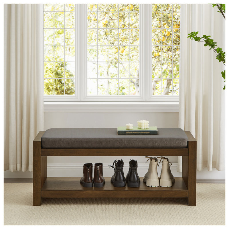 Banc d'appoint moderne 40 po avec rangement inférieur - Banc rembourré en lin pour le salon, la chambre à coucher et le couloir - Finition bois espresso