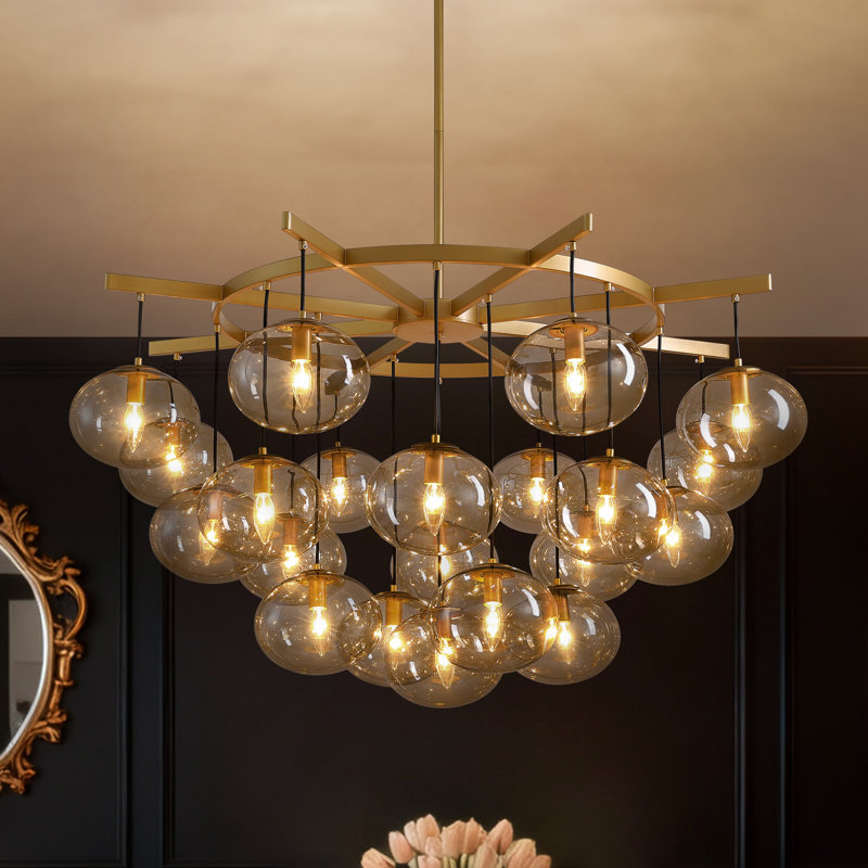 Lustre en verre à bulles Spoutnik à intensité variable 21 lumières 47,2 po Adelene, Doré, H 27,8 po x l 47,2 po x P 47,2 po