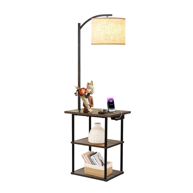 Floor Lamp with Table, End Table with Charging Station(USB & Type-C & AC Port), 3 Colour Temperatures 9W LED Bulb, Modern Shelves Side Table for Office, Living Room