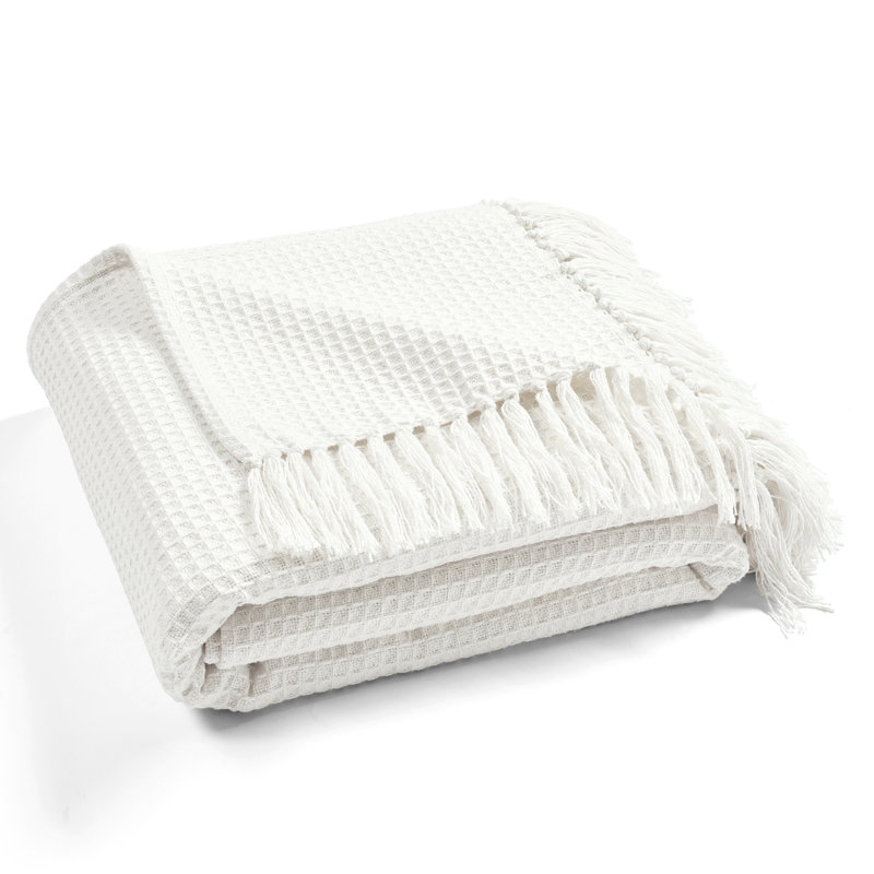 Couverture en tricot de coton gaufré, Blanc, Grand