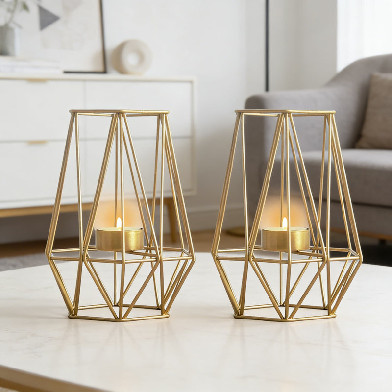 Set Of 2 Geometric Hexagon Tea Light Candle Holders, Hollow Metal Votive Holders With Vintage Design For Wedding And Home Table Decor